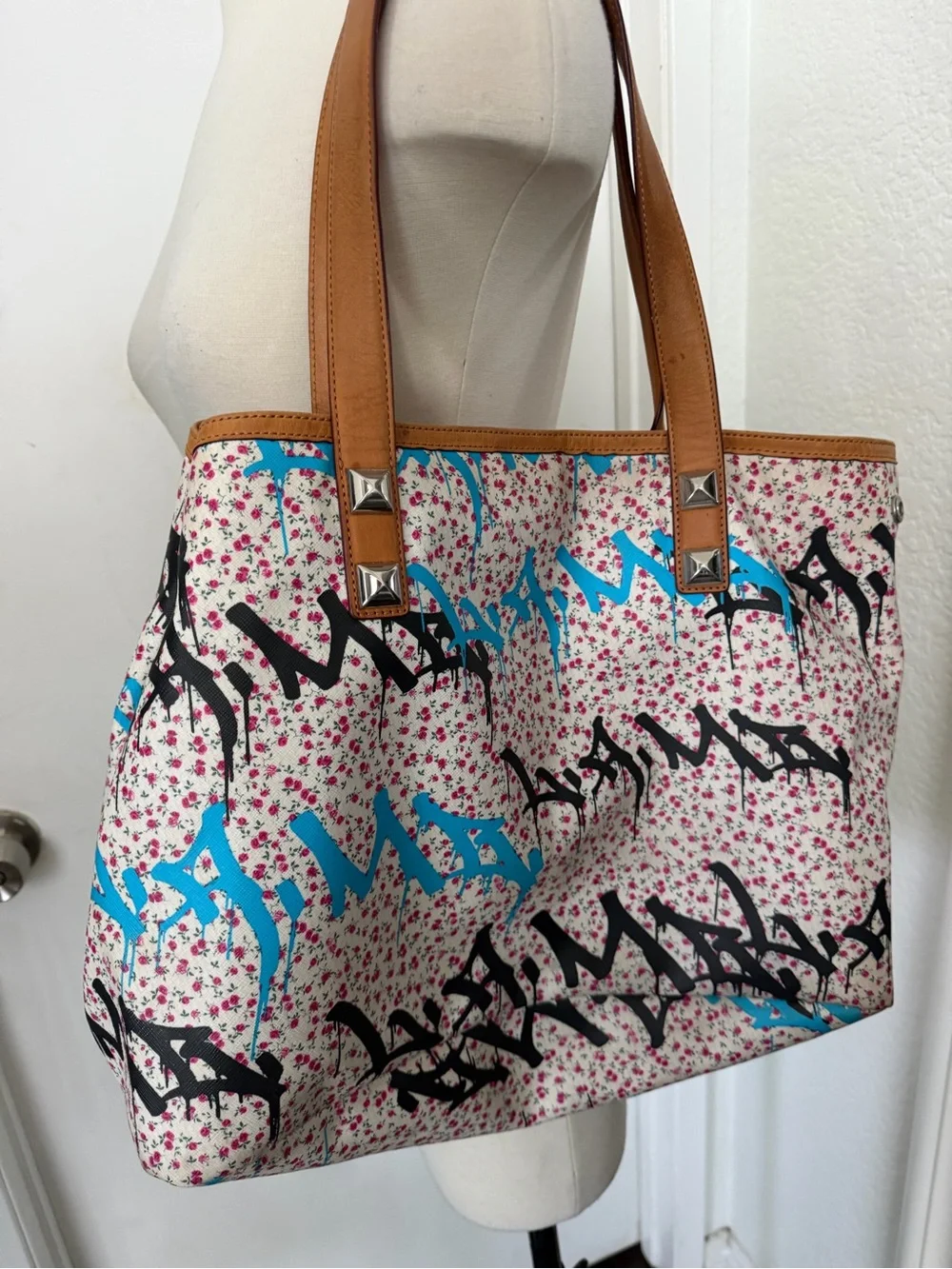 L.A.M.B. Floral Graffiti Canvas Tote with Tan Handles - Picture 6 of 9